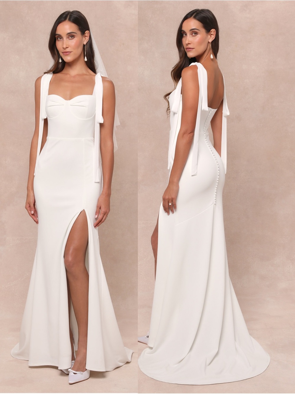 LULUS Sweetheart Neck Bustier Bow Strap Button Back Mermaid Train Bridal Gown XS